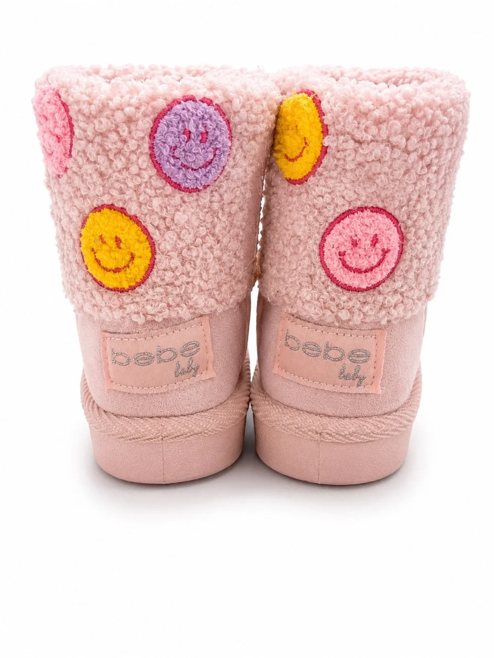 bebe Pink Sherpa Cuff Booties with Multicolor Smiley Patches
